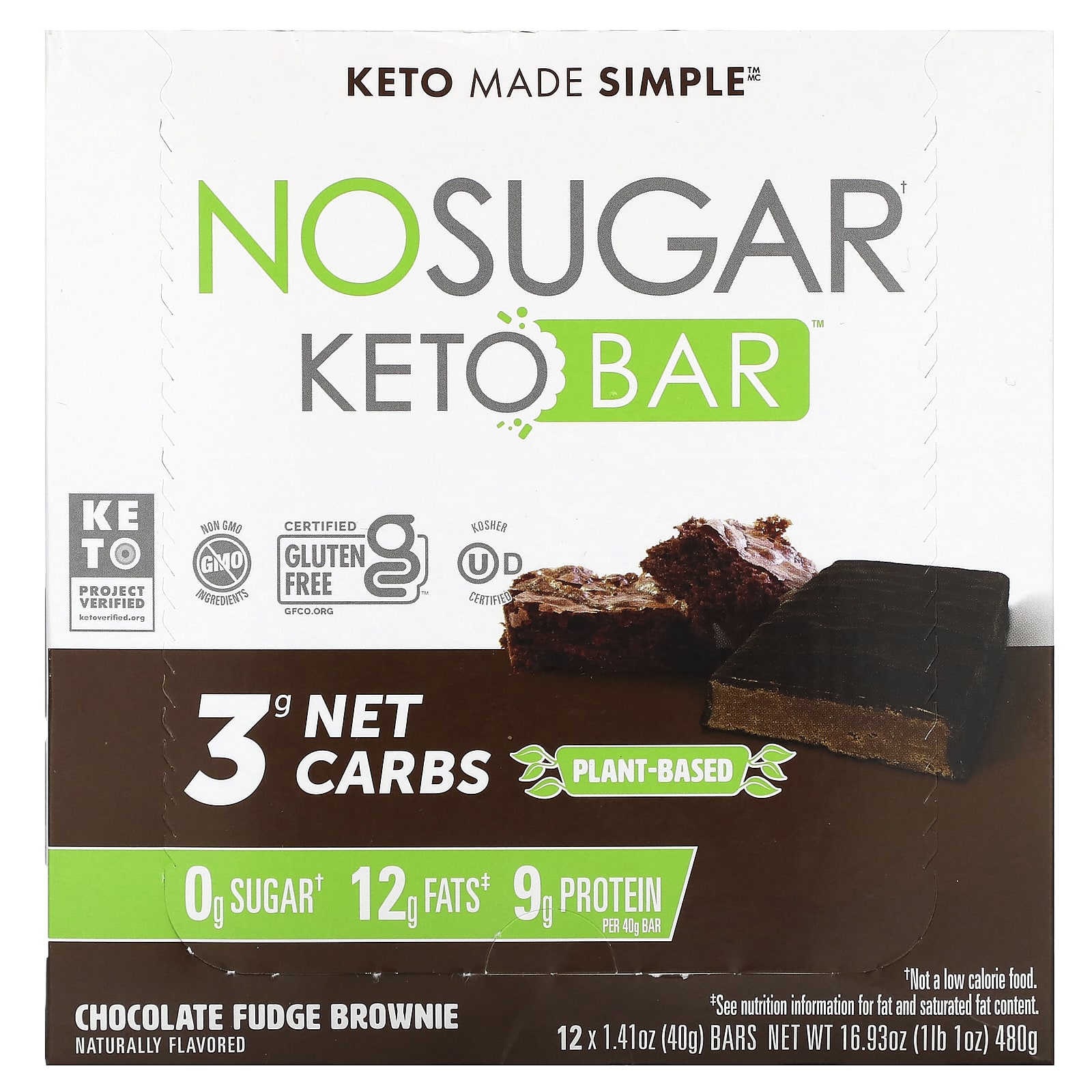 No Sugar Company, Keto Bar, Chocolate Fudge Brownie, 12 Bars, 1.41 oz