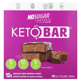 No Sugar Company, Keto Bar™, Brownie com Fudge de Chocolate, 12 Barras, 40 g Cada