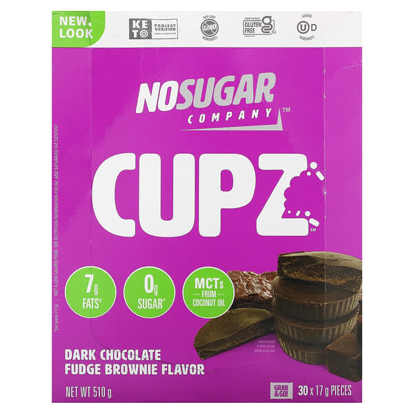No Sugar Company‏, Cupz, בראוני שוקולד מריר פאדג', 30 קופז, 17 גרם (0.6 אונקיות) ליחידה