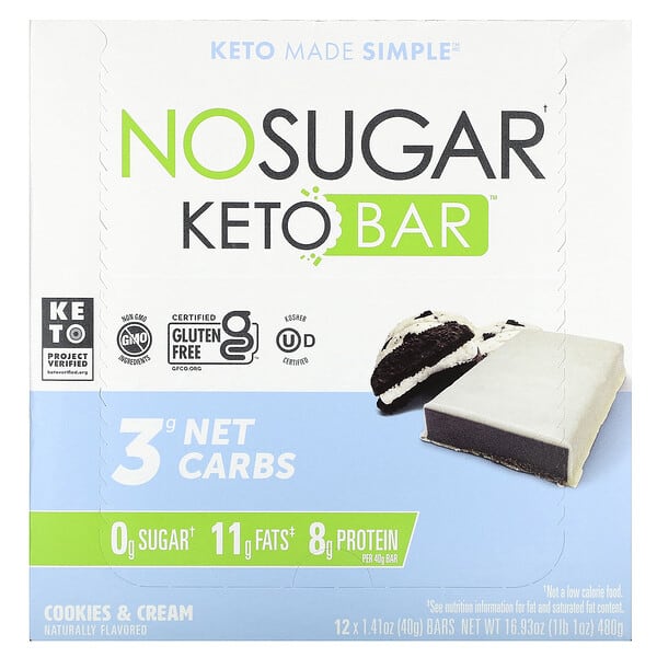 No Sugar Company‏, Keto Bar, עוגיות ושמנת, 12 חטיפים, 40 גרם (1.41 אונקיות) כל אחד