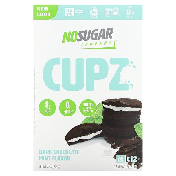 No Sugar Company‏, Cupz, טעם שוקולד מריר מנטה, 12 יחידות, 17 גרם (0.6 אונקיות) ליחידה