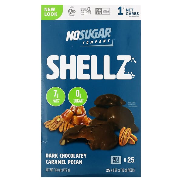 No Sugar Company‏, Shellz, פקאן קרמל עם שוקולד מריר, 25 יחידות, 19 גרם (0.67 אונקיות) ליחידה
