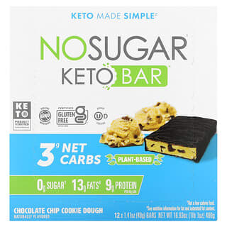 No Sugar Company, Keto Bar, impasto per biscotti con gocce di cioccolato, 12 barrette, 40 g ciascuna