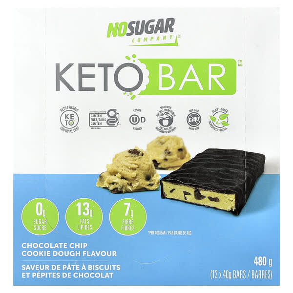 No Sugar Company, Keto Bars™, Chocolate Chip Cookie Dough, 12 Bars, 40 g Each