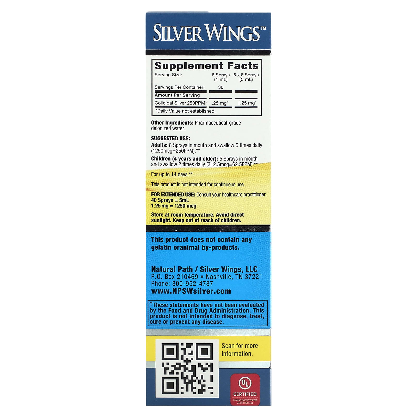 Natural Path Silver Wings, Colloidal Silver Vertical Spray, 250 PPM, 1
