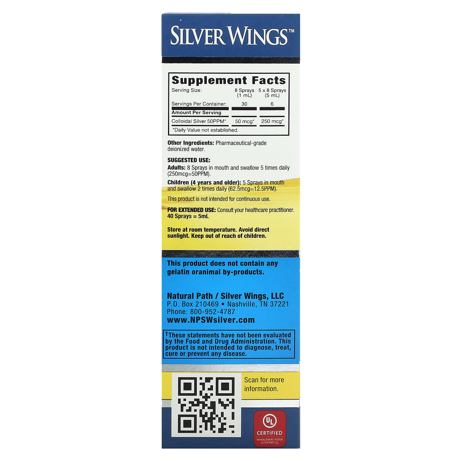 Natural Path Silver Wings, Colloidal Silver Vertical Spray, 50 PPM, 1