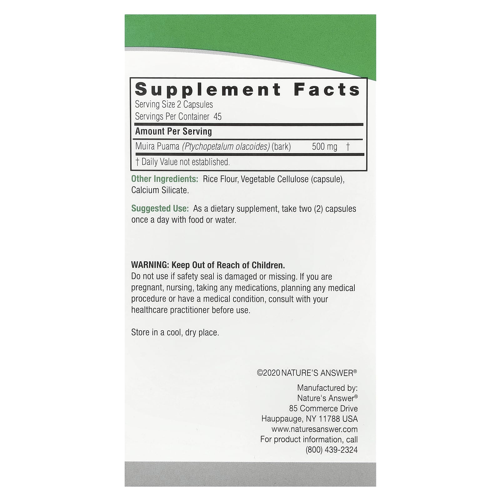 Nature's Answer, Muira Puama, 500 mg, 90 Vegetarian Capsules (250 mg