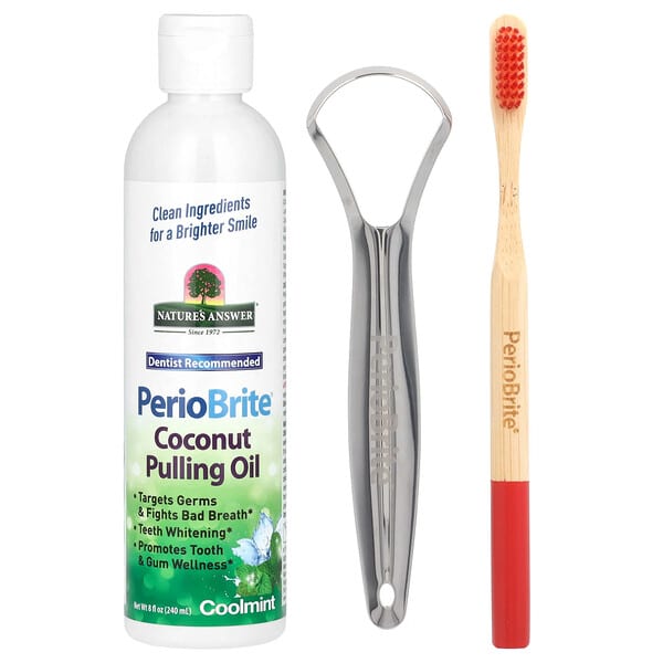 Nature's Answer, PerioBrite 코코넛 풀링 오일, 칫솔 및 혀 스크레이퍼 포함, 쿨민트, 240ml(8fl oz)