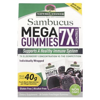 Nature's Answer‏, סוכריות גומי Sambucus Mega Gummies בעוצמה כפולה פי 7, סמבוק שחור, 30 סוכריות גומי טבעוניות/ללא ג'לטין