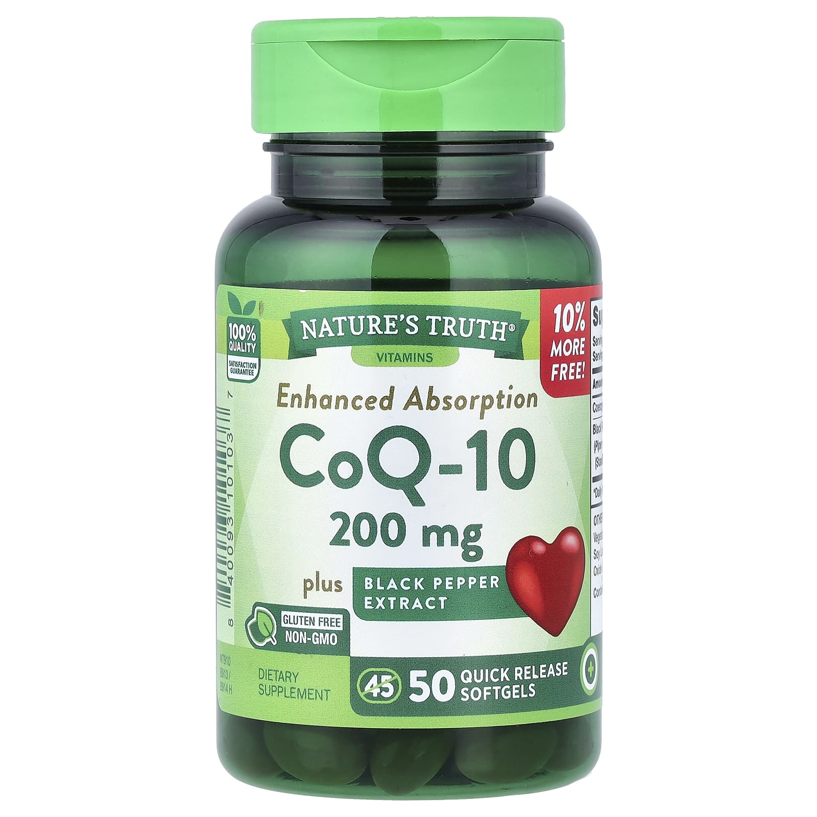 Nature's Truth, коэнзим Q10 с экстрактом черного перца, для лучшего усвоения, 200 мг, 50 капсул с быстрым высвобождением