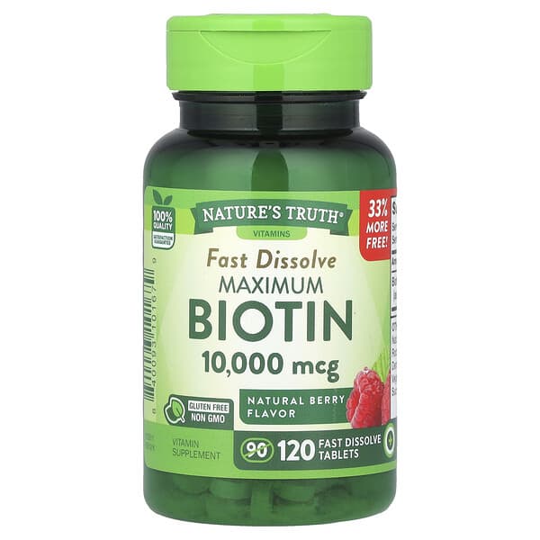 Nature's Truth, Maximum Biotin, Bayas naturales, 10.000 mcg, 120 comprimidos de disolución rápida