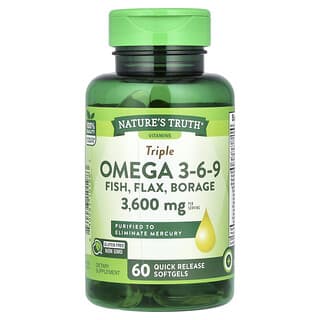 Nature's Truth, Triple omega 3-6-9, Pescado, lino y borraja, 3600 mg, 60 cápsulas blandas de liberación rápida (1200 mg por cápsula blanda)