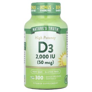 Nature's Truth, Vitamina D3 de alta potencia, 50 mcg (2000 UI), 300 cápsulas blandas de liberación rápida