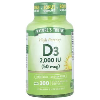 Nature's Truth, Vitamina D3 de Alta Potência, 50 mcg (2.000 UI), 300 Cápsulas Softgel de Liberação Rápida