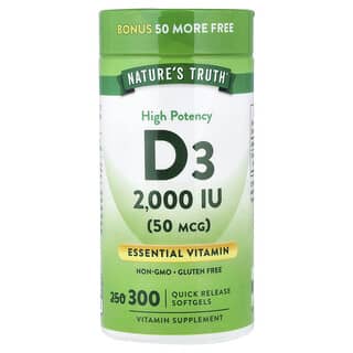 Nature's Truth, Vitamin D3, Potensi Tinggi, 50 mcg (2,000 IU), 300 Gel Lembut Keluaran Pantas