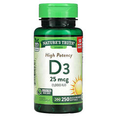 Nature's Truth, Vitamina D3 de alta potencia, 25 mcg (1000 UI), 250 cápsulas blandas de liberación rápida