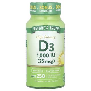 Nature's Truth, Vitamina D3 de Alta Potência, 25 mcg (1.000 UI), 250 Cápsulas Softgel de Liberação Rápida