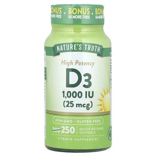 Nature's Truth, Vitamina D3 de alta potencia, 25 mcg (1000 UI), 250 cápsulas blandas de liberación rápida