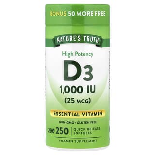 Nature's Truth, Vitamina D3 de Alta Potência, 25 mcg (1.000 UI), 250 Cápsulas Softgel de Liberação Rápida