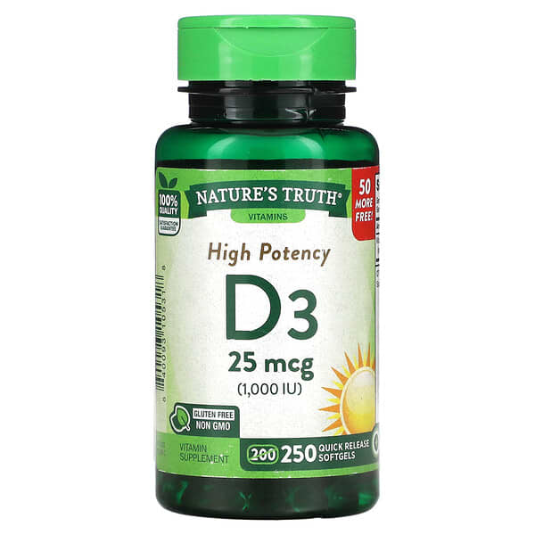 Nature's Truth, Vitamina D3 de alta potencia, 25 mcg (1000 UI), 250 cápsulas blandas de liberación rápida