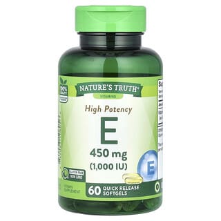 Nature's Truth, Витамин E, высокая эффективность, 450 мг (1000 МЕ), 60 капсул быстрого высвобождения