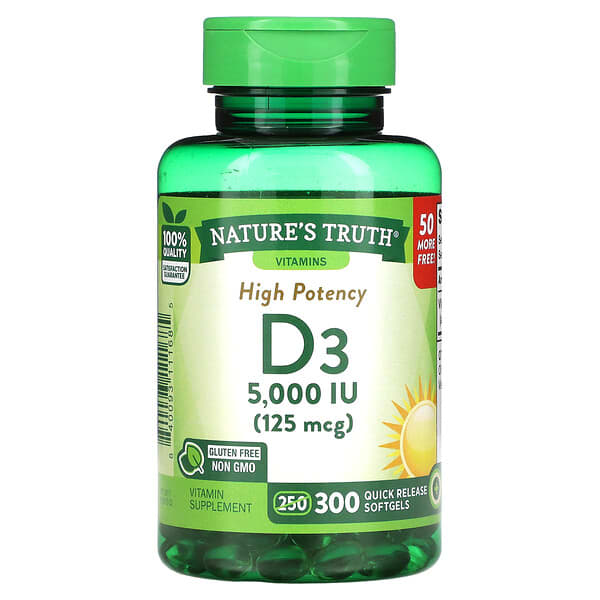 Nature's Truth, Vitamina D3 de Alta Potência, 125 mcg (5.000 UI), 300 Cápsulas Softgel de Liberação Rápida