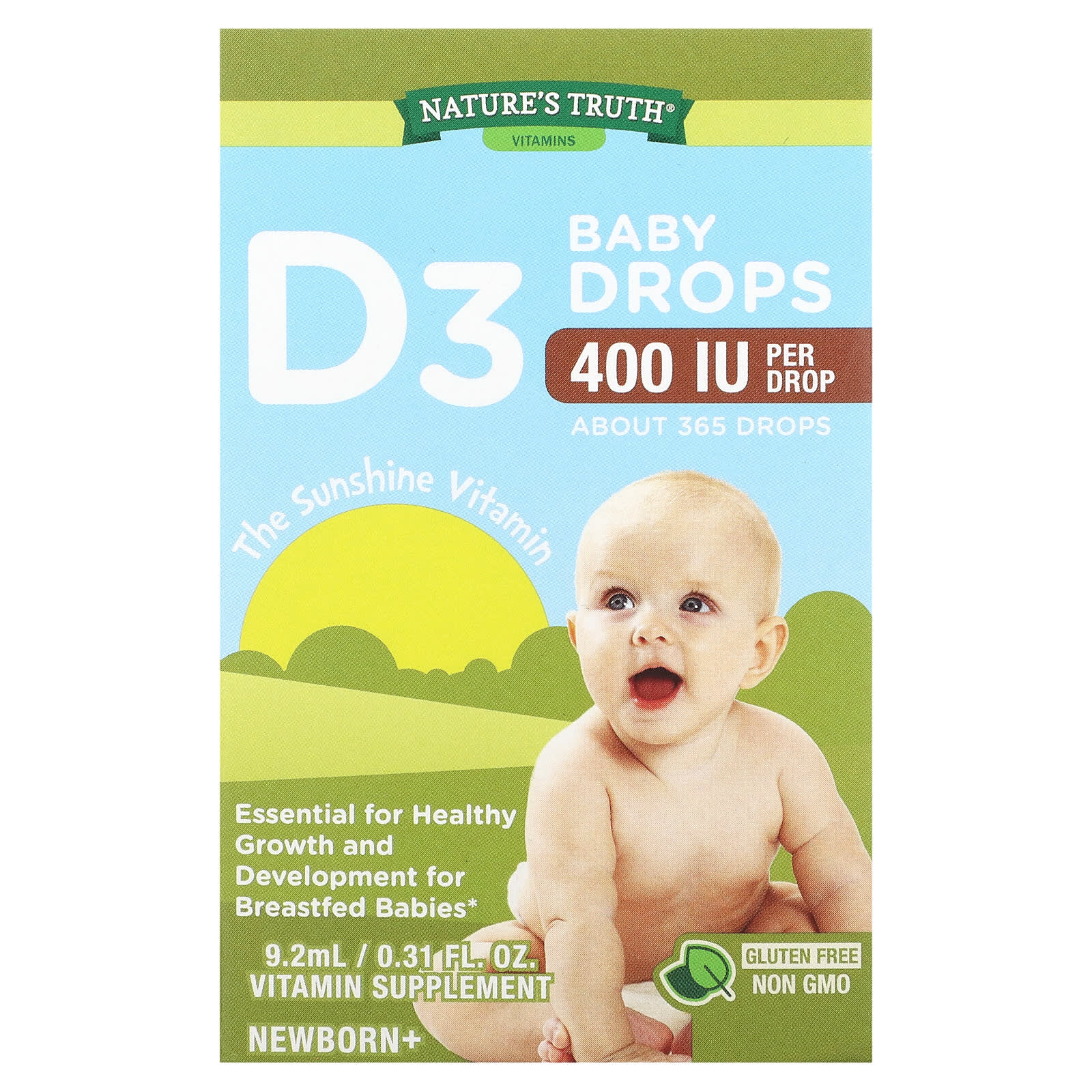 Vitamins, D3 Baby Drops, Newborn+, 10 mcg (400 IU), 0.31 fl oz (9.2 ml)
