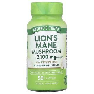 Nature's Truth, Süper Aslan Yelesi Mantarı artı Bioperine, 2,100 mg, 50 Vejetaryen Kapsül