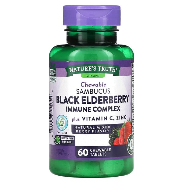 Nature's Truth, Иммунный комплекс Sambucus Black Elderberry, плюс витамин C и цинк, натуральная смесь ягод, 60 жевательных таблеток
