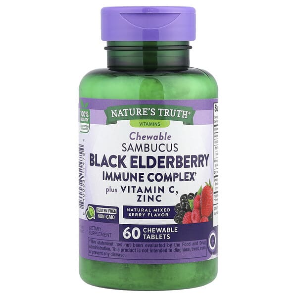 Sambucus Black Elderberry Immune Complex Plus Vitamin C & Zinc, Natural Mixed Berry, 60 Chewable Tablets