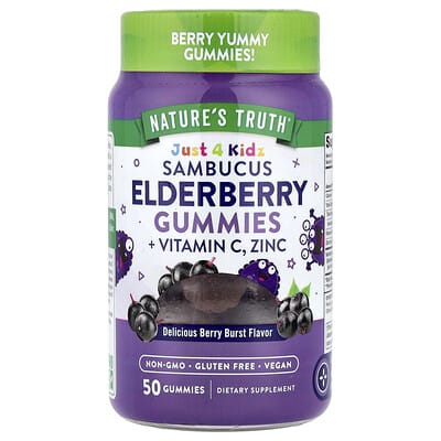 Nature's Truth, Just 4 Kidz, Sambucus Elderberry Gummies + Vitamin C, Zinc, Delicious Berry Burst, 50 Gummies