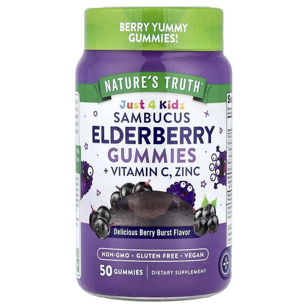 Just 4 Kidz, Sambucus Elderberry Gummies + Vitamin C, Zinc, Delicious Berry Burst, 50 Gummies