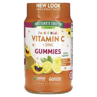 Nature's Truth, Just 4 Kids, Vitamina C + Zinco, Licious de Limão Natural, 60 Gomas Veganas