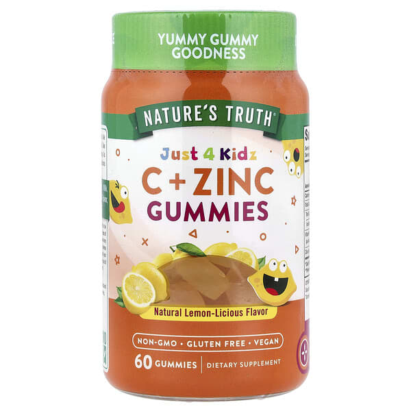 Just 4 Kids, Vitamin C + Zinc Gummies, Natural Lemon-Licious, 60 Gummies