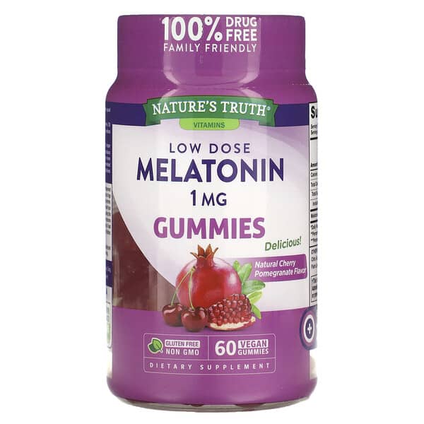 Nature's Truth, Niedrig dosiertes Melatonin, natürlicher Kirschgranatapfel, 1 mg, 60 vegane Fruchtgummis