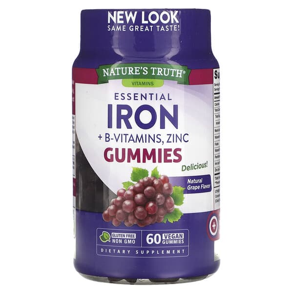 Nature's Truth‏, Essential Iron + B-Vitamins, Zinc, Natural Grape , 60 Vegan Gummies