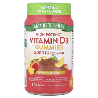 Nature's Truth, D3-vitamiini, vahva, luonnollinen persikka, 125 mikrogrammaa (5 000 IU), 60 kasviskarkkia