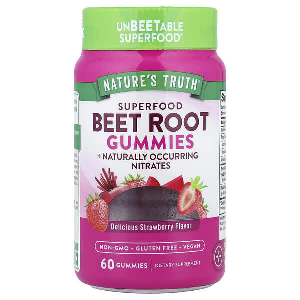 Superfood Beet Root Gummies, Delicious Strawberry, 60 Gummies