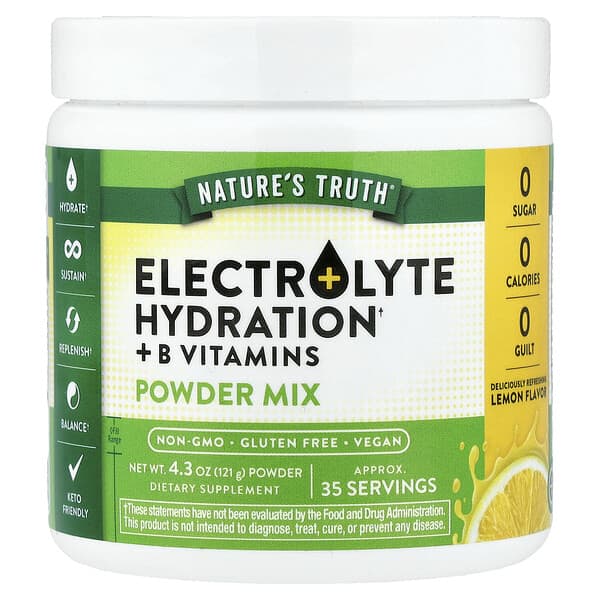 Nature's Truth, 전해질 수분 보충 + 비타민B군, 분말 믹스, 레몬 맛, 121g(4.3oz)