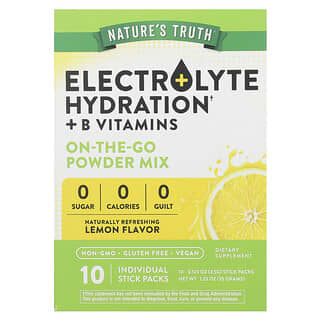 Nature's Truth, Hydratation électrolytique + vitamines B, Mélange de poudres à emporter, Citron, 10 sachets en sticks individuels, 3,5 g chacun