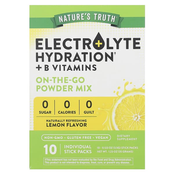 Nature's Truth, 電解質補水 + 維生素 B 群，便攜粉末混合物，檸檬味，10 個獨立棒包，每個 0.123 盎司（3.5 克）
