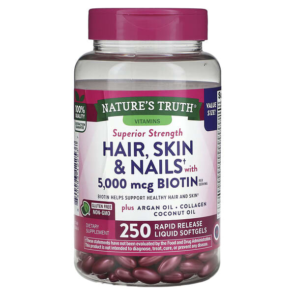 Nature's Truth, Hair, Skin &amp; Nails With Biotin, 250 Rapid Release Liquid Softgels