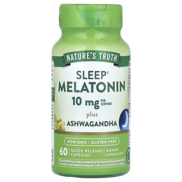 Nature's Truth, Sleep Melatonin Plus Ashwagandha, 10 mg, 60 Quick Release Capsules (5 mg per Capsule)