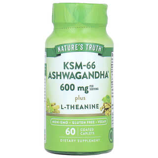 Nature's Truth, KSM-66 Ginseng indio con L-teanina, 600 mg, 60 comprimidos oblongos recubiertos (300 mg por comprimido oblongo)