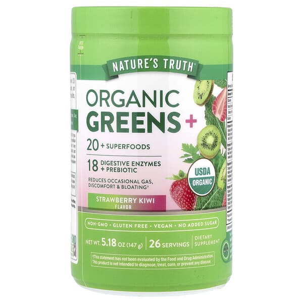 Organic Greens+, Strawberry Kiwi, 5.18 oz (147 g)