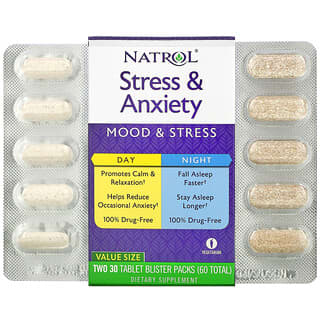 Natrol, Estresse e Ansiedade, Dia e Noite, Duas Cartelas com 30 Comprimidos (Total de 60)