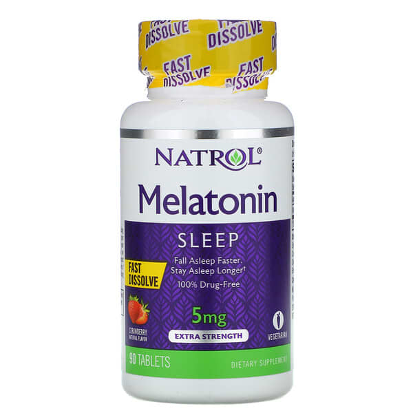Natrol‏, מלטונין, נמס במהירות, עוצמה מוגברת, תות שדה, 5 מ"ג, 90 טבליות