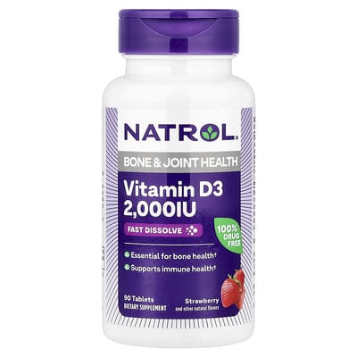 Natrol, Vitamin D3, Strawberry Flavor, 2,000 IU, 90 Tablets