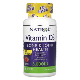 Natrol, Vitamine D3, Santé des os et des articulations, Fraise, 5000 UI, 90 comprimés