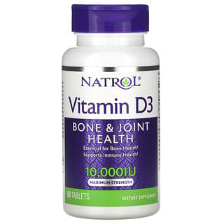 Natrol, витамин D3, здоровье костей и суставов, максимальная сила действия, 10 000 МЕ, 60 таблеток